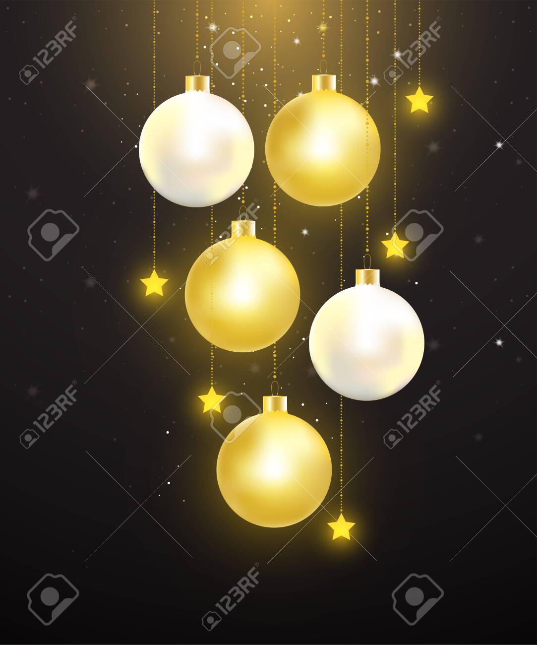Christmas balls with gold and pearl color hanging on starry night background. Vector illustration for Christmas and New year celebration. - 134716952 Christmas balls with gold and pearl color hanging on starry night background. Vector illustration for Christmas and New year celebration. - 134716952