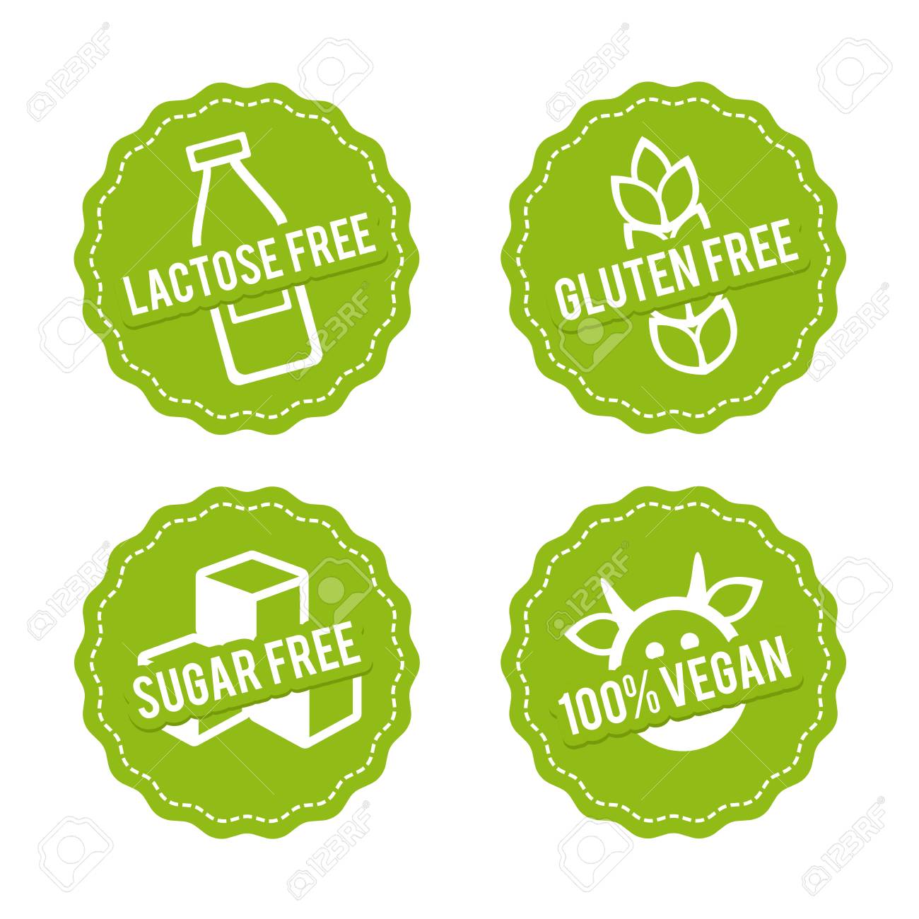 Set Of Allergen Free Badges. Lactose Free, Gluten Free, Sugar Free, 100% Vegan. Vector Hand Drawn Signs. Can Be Used For Packaging Design. Royalty Free Cliparts, Vectors, Stock And Illustration. Image 93716320.