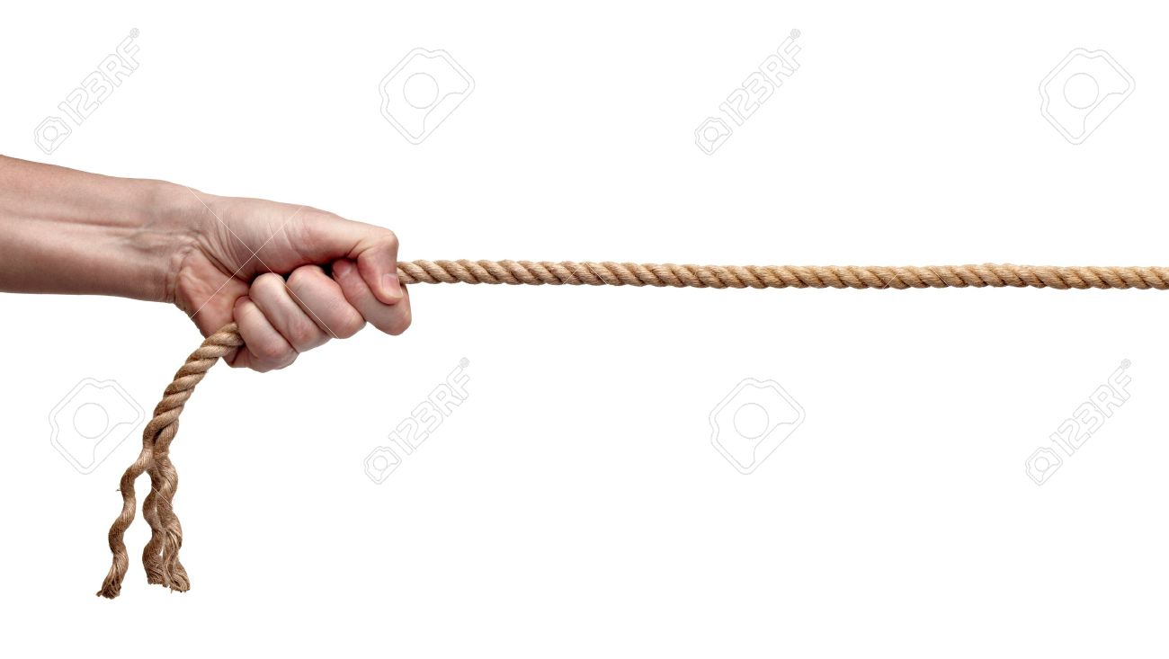 close up of hands pulling a rope on white background with clipping