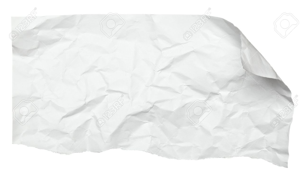 close up of a crumpled paper with curled edge on white background