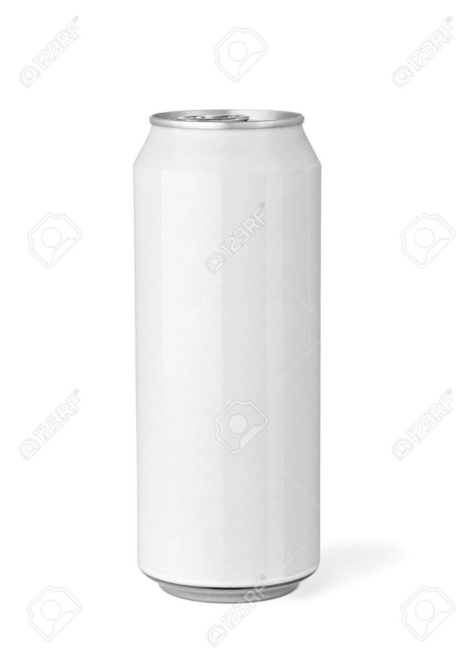 close up of a white beer can template on white background stock