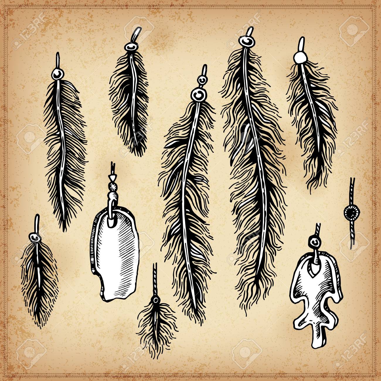 手描画インク黒と白の羽のセット ベクトルの図 落書き部族羽のセット グリーティング カードやはがき ヘナ タトゥー デザインのネイティブ スタイルの要素 のイラスト素材 ベクタ Image