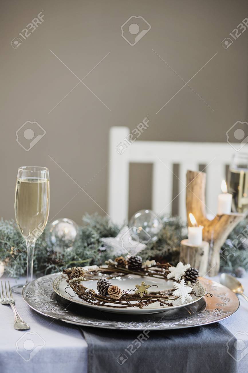Holiday Celebration Table Setting. White, Gold And Silver Christmas ... Holiday Celebration Table Setting. White, Gold And Silver Christmas ...