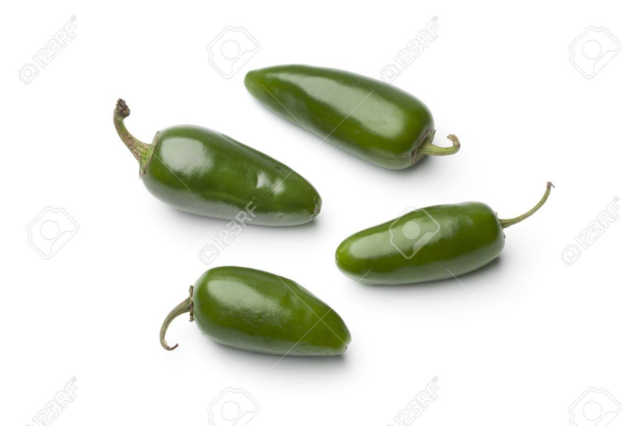 Fresh green Jalapeno chili peppers on white background - 14287173 Fresh green Jalapeno chili peppers on white background - 14287173
