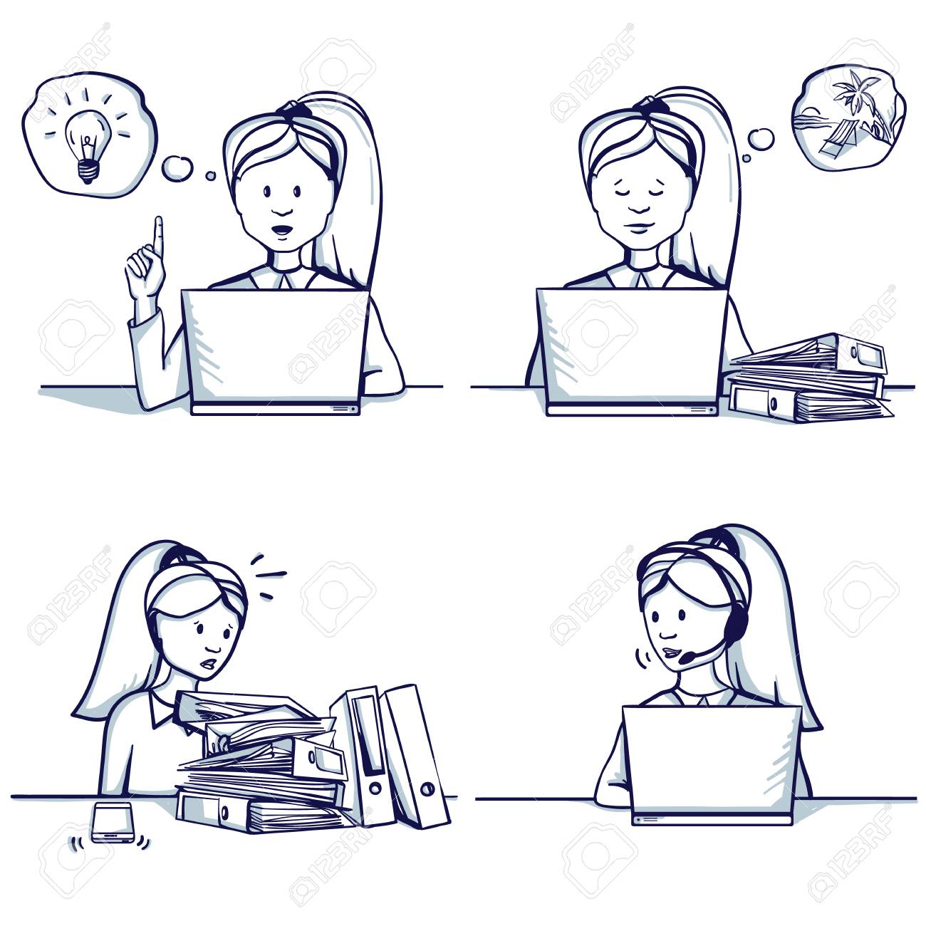 ビジネスウーマン漫画イラストのセット 座っているシーン 顧客サポートサービス アイデアを持っていた 彼女は忙しい 仕事をする時間がない 休暇の夢 手描き落書きベクトルイラスト のイラスト素材 ベクタ Image