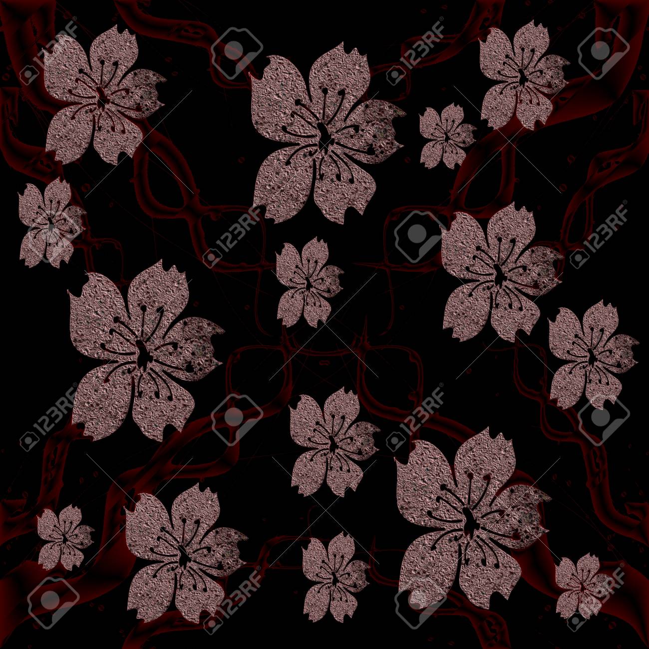 Artfully Painted Cherry Blossoms On The Dark Background Stock