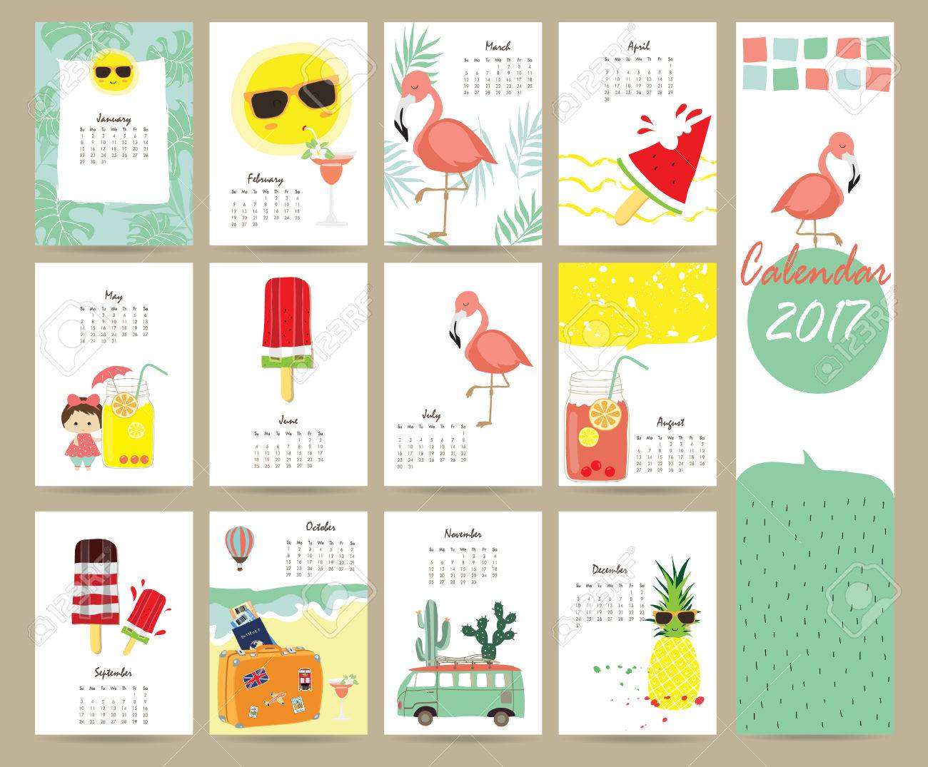 Colorful Cute Monthly Calendar 2017 With Flamingo,ice  Cream,pineapple,sun,van In Summer Travel.Can Be Used For  Web,banner,poster,label And Printable Royalty Free SVG, Cliparts, Vectors,  And Stock Illustration. Image 66077318.