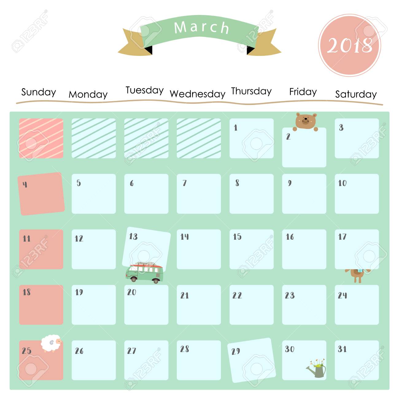 羊 熊バンとカラフルなかわいい 18 年 3 月カレンダー のイラスト素材 ベクタ Image