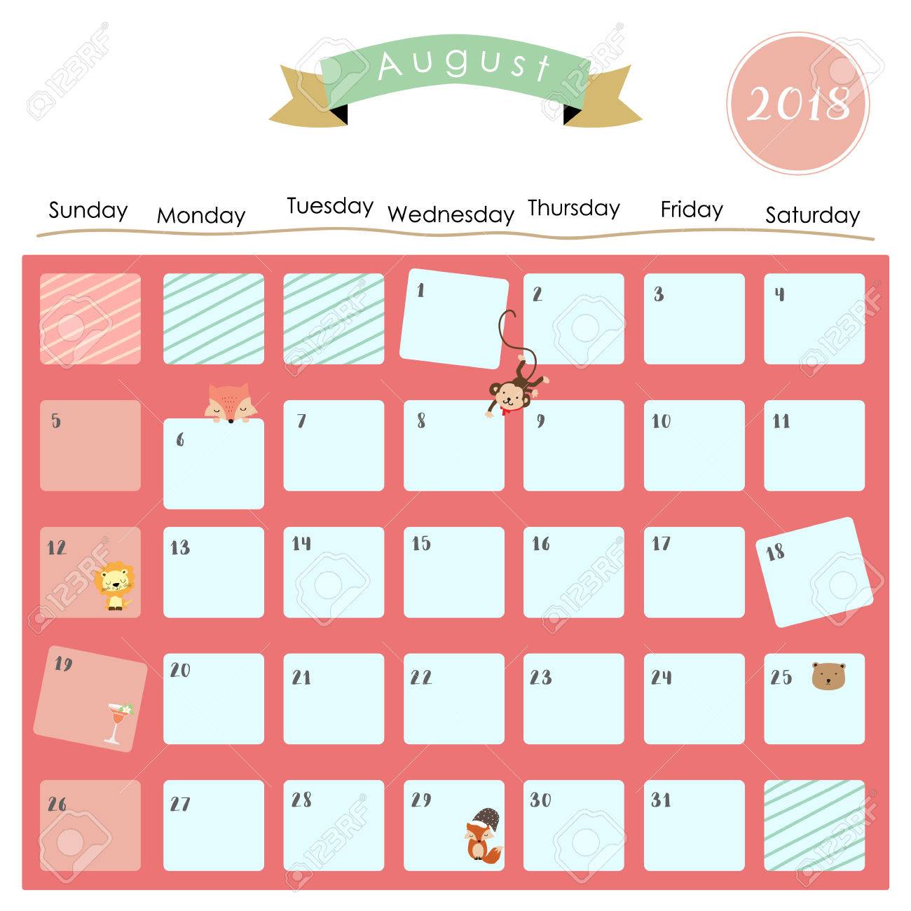 カラフルな猿 ライオン キツネ クマ 18年 8 月カレンダーかわいい のイラスト素材 ベクタ Image