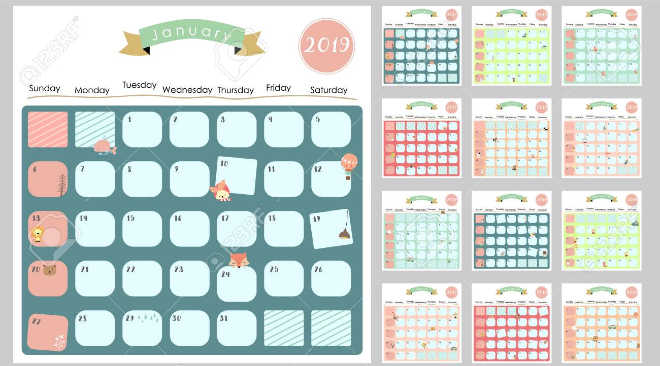 Colourful lovable regular monthly calendar 2019 with lion,fox,cat,undergo,balloon.Can.. graphic regarding Cute Monthly Calendar Printable called Vibrant adorable every month calendar 2019 with lion,fox,cat,endure,balloon.Can..