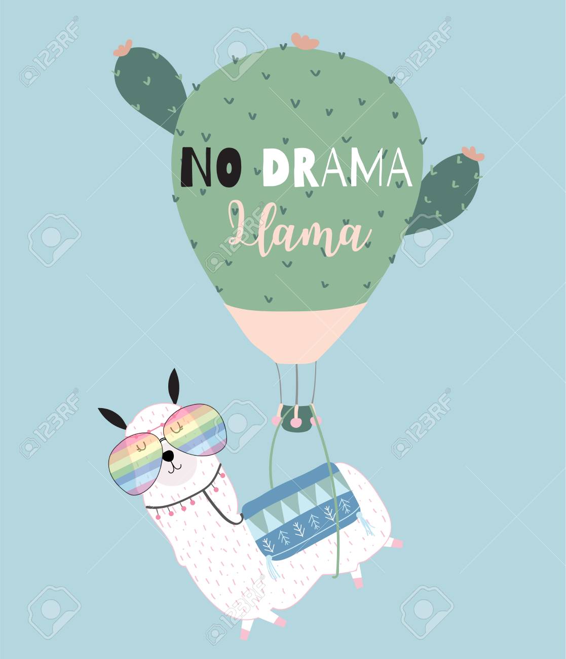 Blue green hand drawn cute card with llama, glasses,cactus balloon in summer.No drama llama - 104585274 Blue green hand drawn cute card with llama, glasses,cactus balloon in summer.No drama llama - 104585274