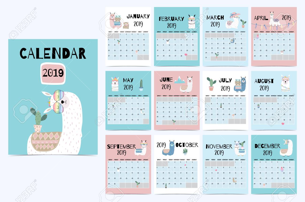 Lovely every month calendar 2019 with llama,bags,cactus,geometrical,gles,centre.. picture relating to Cute Monthly Calendar Printable named Lovable month-to-month calendar 2019 with llama,bags,cactus,geometrical,gles,middle..