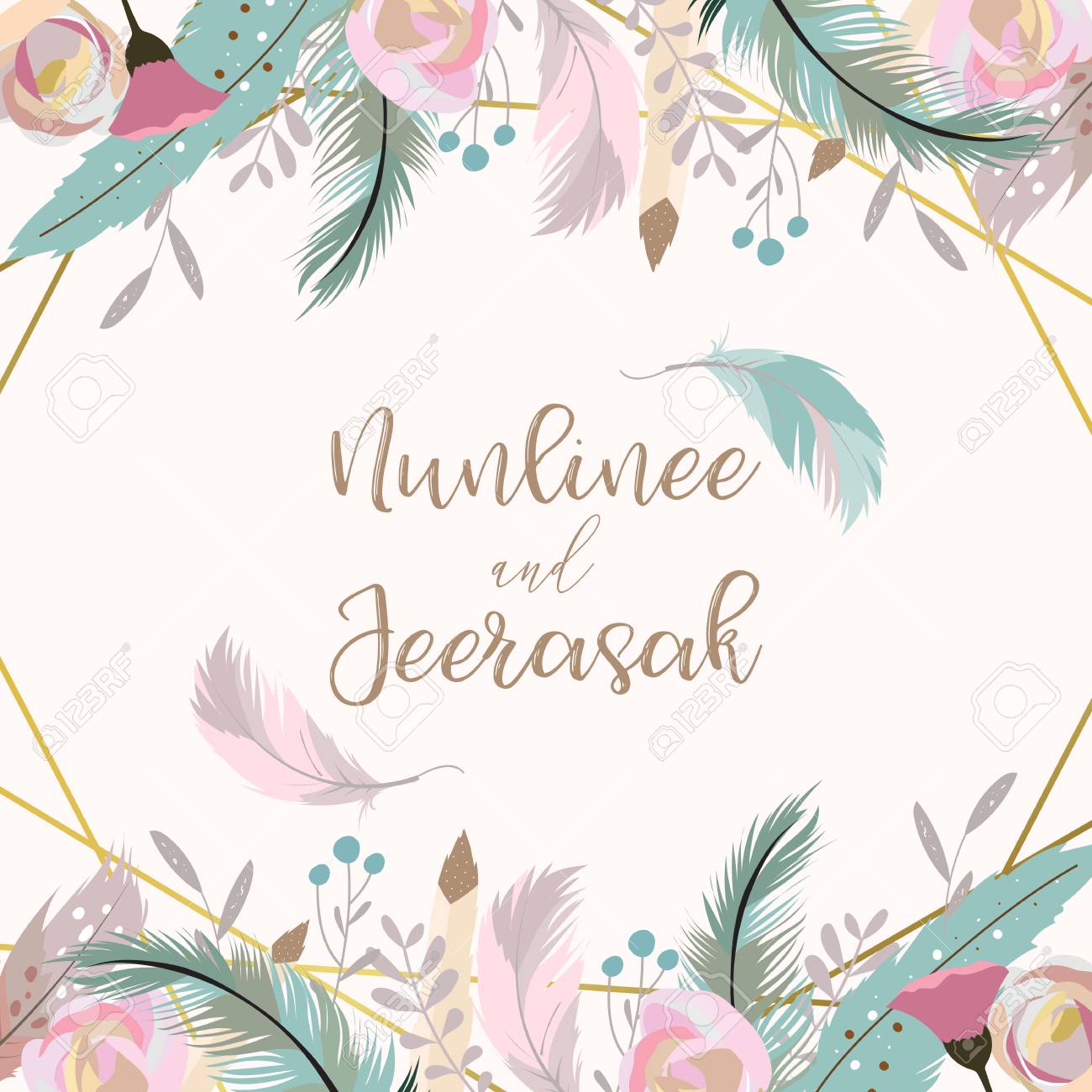Geometry gold wedding invitation card with flower,leaf,ribbon,wreath,feather and frame on white background - 109060786 Geometry gold wedding invitation card with flower,leaf,ribbon,wreath,feather and frame on white background - 109060786