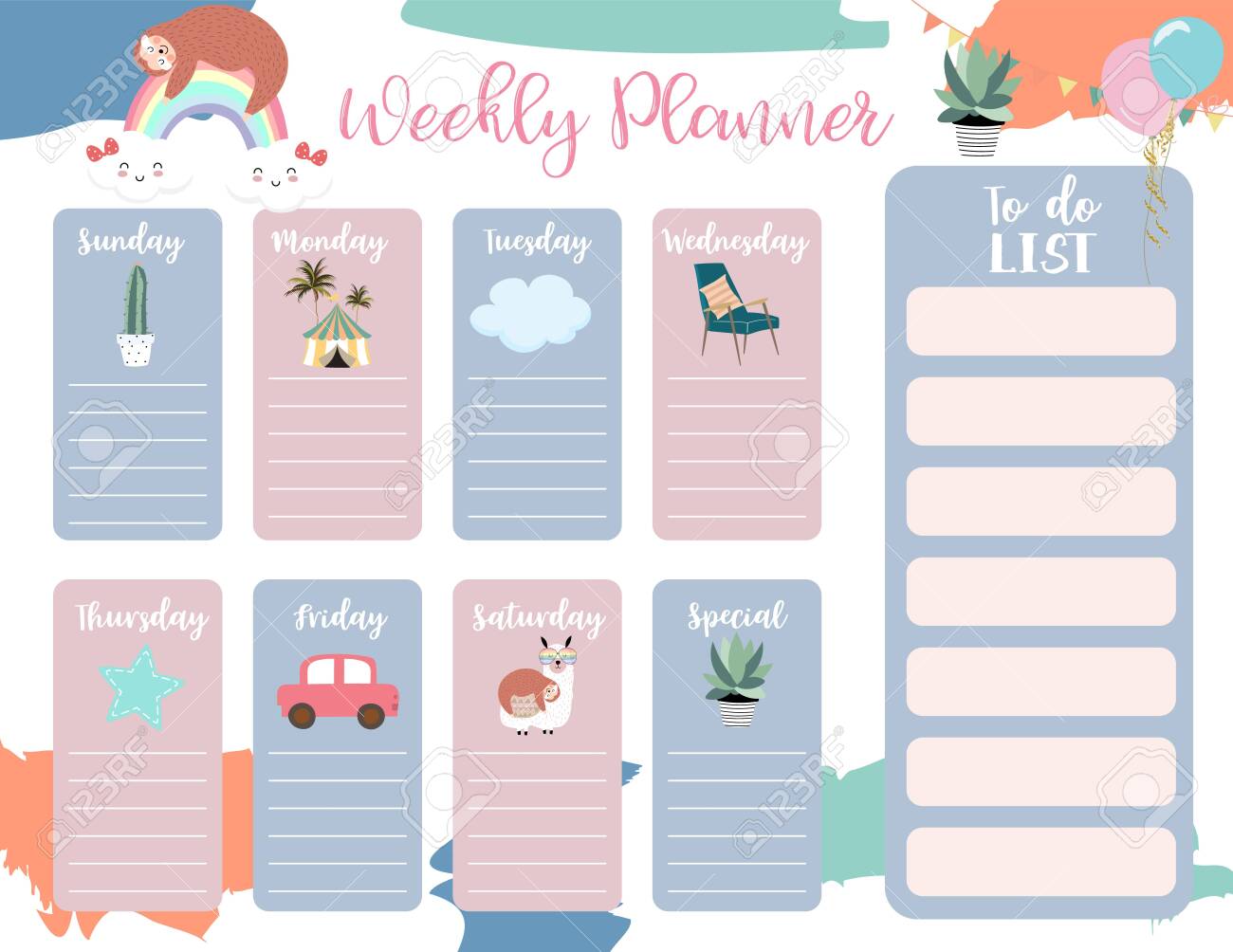 cute weekly planner background with sloth,rainbow,llama,cloud.Vector illustration for kid and baby.Editable element - 133238217 cute weekly planner background with sloth,rainbow,llama,cloud.Vector illustration for kid and baby.Editable element - 133238217