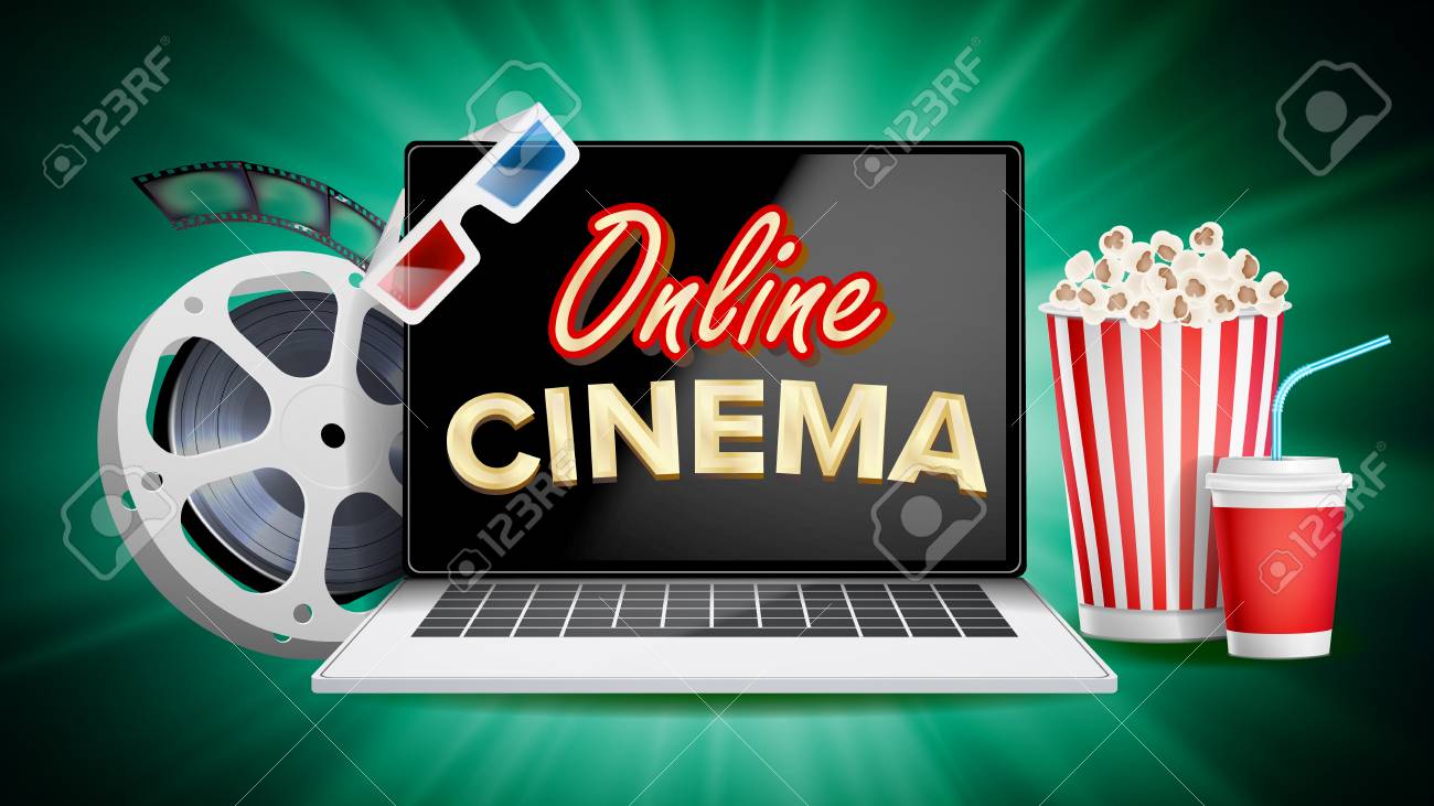 オンライン シネマ ベクトル ノート パソコンとバナー 映画業界の要素 撮影用フィルム テープ ビルボード プロモーション コンセプト イラスト のイラスト素材 ベクタ Image 1607