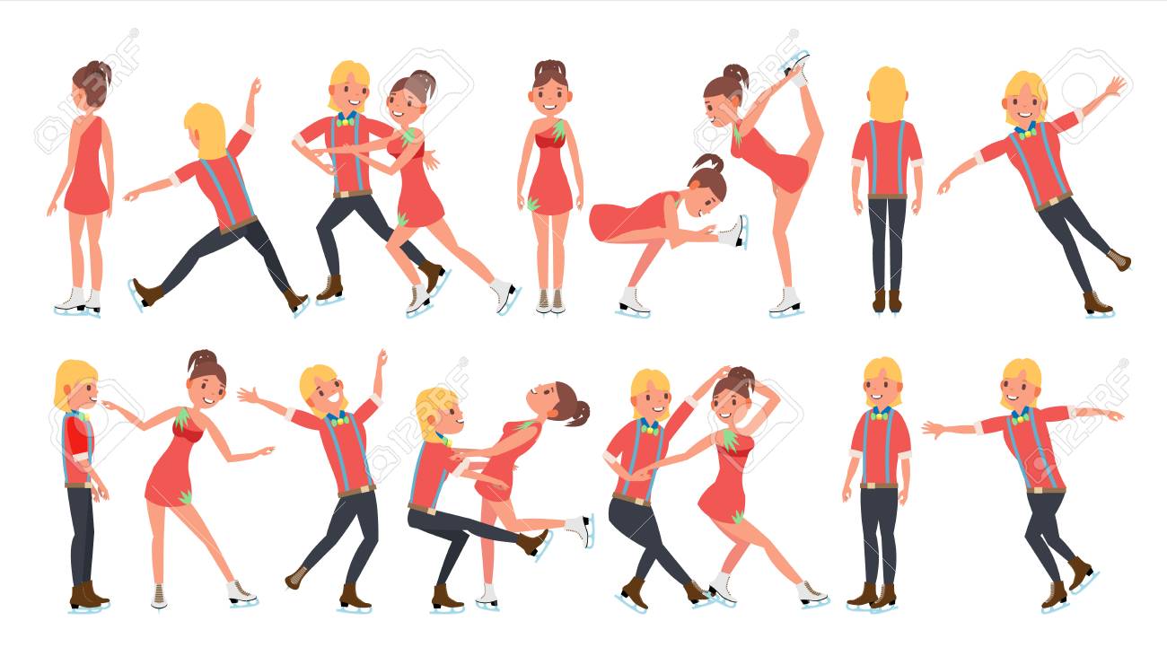 アイススケーターベクトルとのカップル トレーニングアイスショー ペアの男の子と女の子 漫画キャラクターイラスト のイラスト素材 ベクタ Image