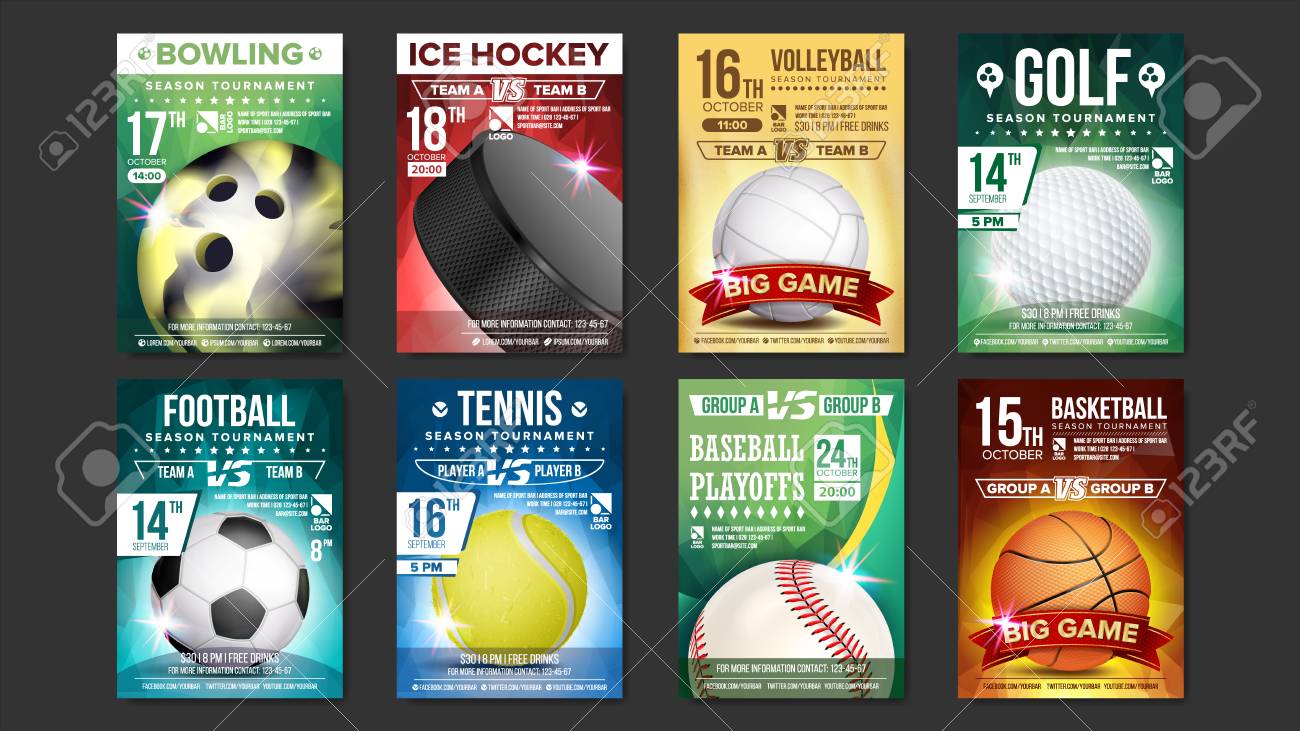 sport posters set vector golf baseball ice hockey bowling