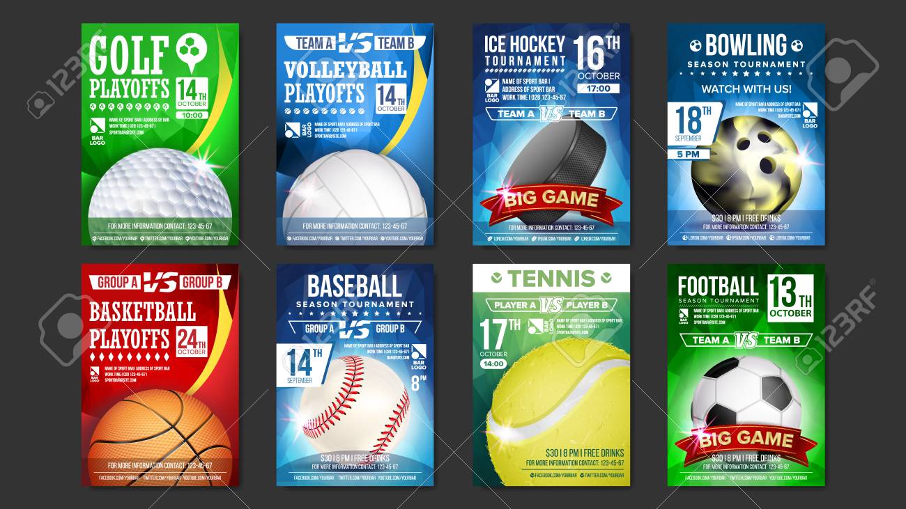 sport posters set vector golf baseball ice hockey bowling