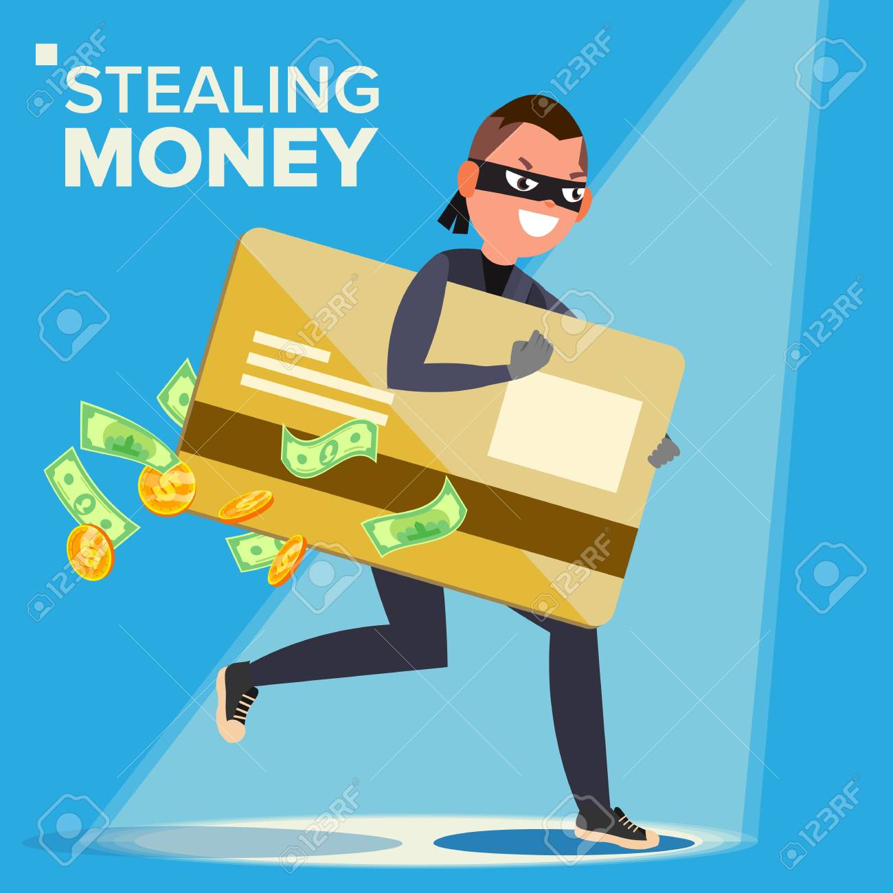 泥棒文字ベクトル ハッカーが機密データを盗む クレジットカードからお金を盗む Pinコードをハッキング壊れる 攻撃する フラット漫画イラストのイラスト素材 ベクタ Image