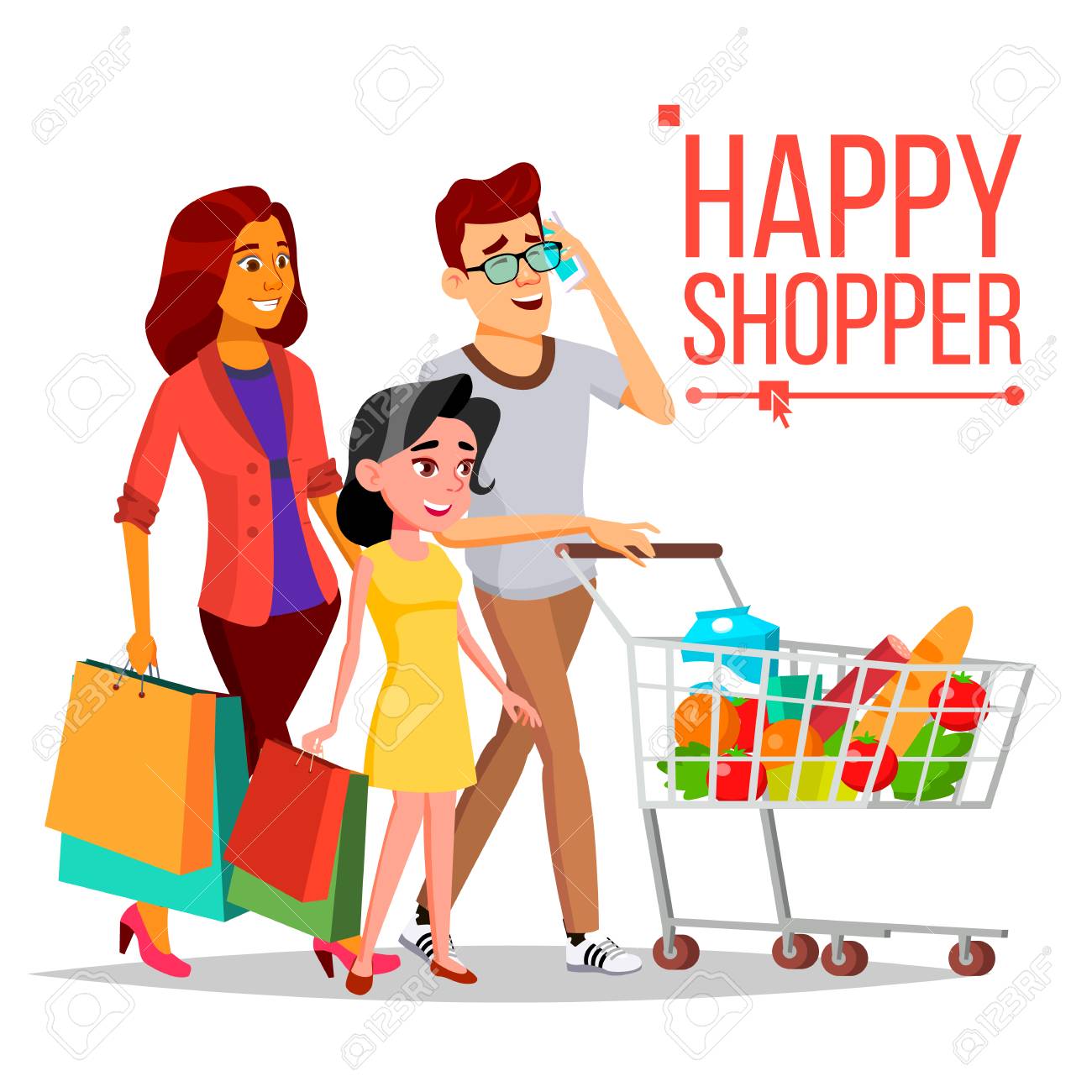 shopping woman vector happy family couple grocery cart joyful female holding paper bags groceries in shop supermarket shopping day pleasure of purchase business isolated illustration royalty free cliparts vectors and stock illustration