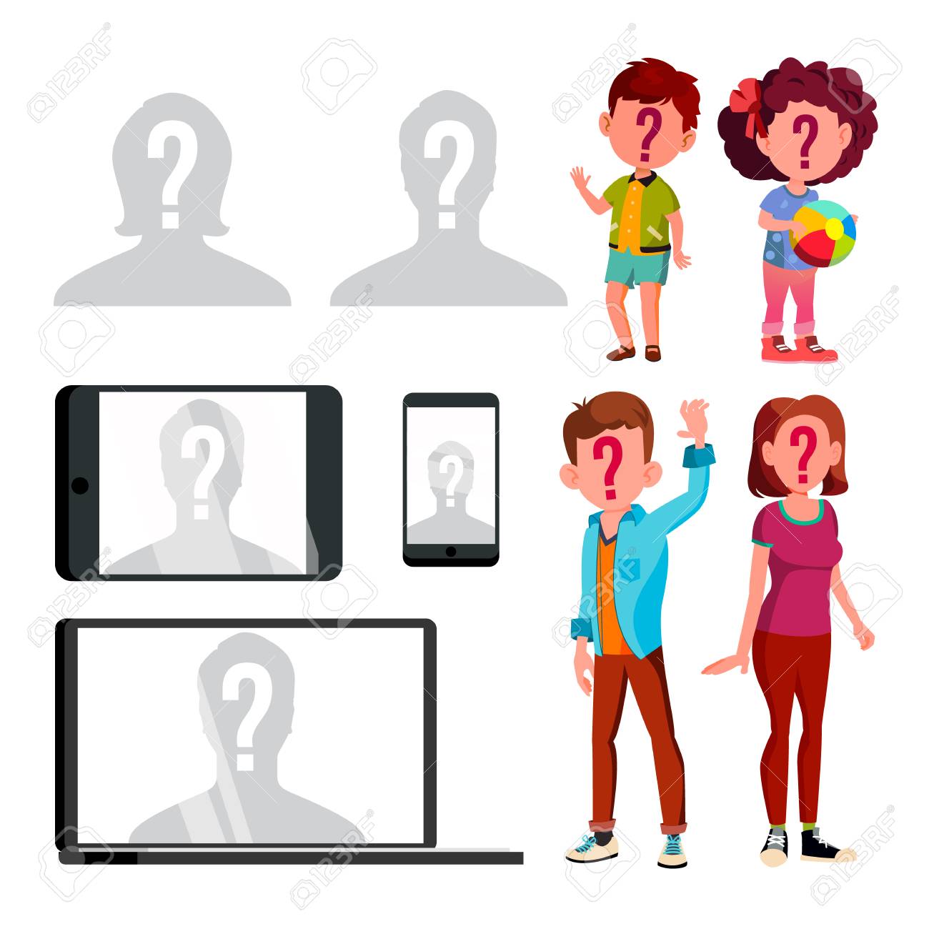 Anonymous Silhouette And Unknown Person Set Vector. Characters Children, Man And Woman With Question Mark On Face And Silhouette Of Human Head On Profile Avatar. Flat Cartoon Illustration - 126553656 Anonymous Silhouette And Unknown Person Set Vector. Characters Children, Man And Woman With Question Mark On Face And Silhouette Of Human Head On Profile Avatar. Flat Cartoon Illustration - 126553656