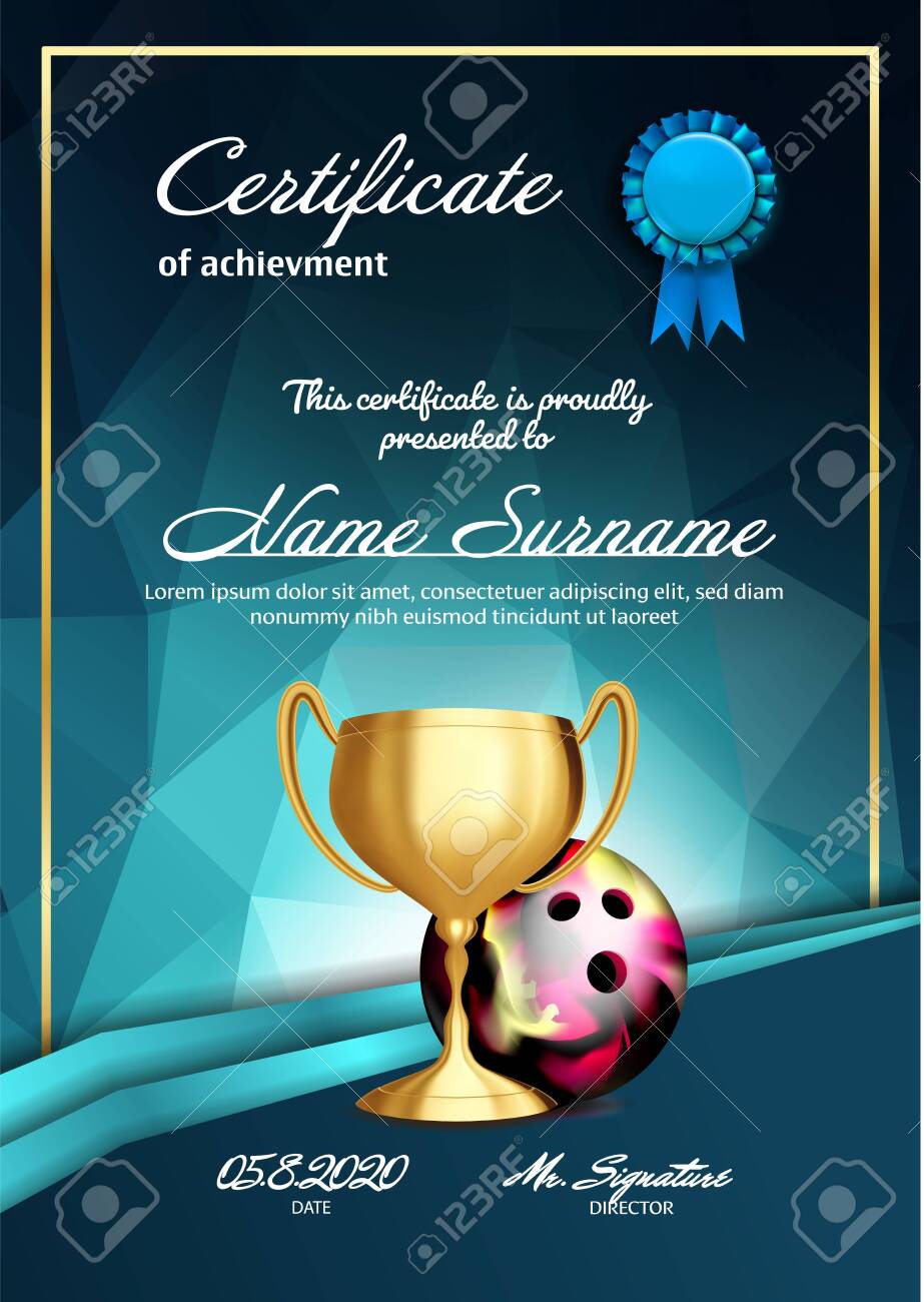 Bowling Certificate Diploma With Golden Cup . Sport Award Template. Achievement Design. Honor Background. A4 Vertical. Illustration Stock Photo, Picture and Royalty Free Image. Image 142062075. bowling-certificate-diploma-with-golden-cup-sport-award-template-achievement-design-honor-background-a4-vertical-illustration-stock-photo-picture-and-royalty-free-image-image-142062075