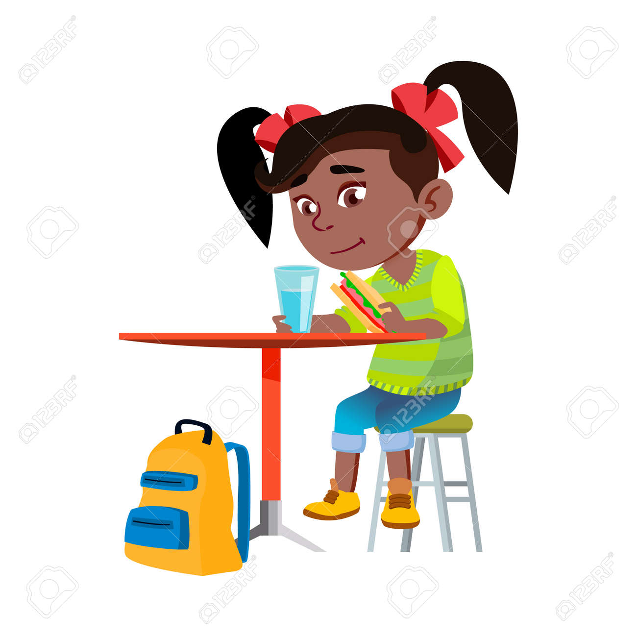 Girl Child Eating Breakfast In Kitchen Vector. African Lady Kid Eating  Sandwich And Drinking Water At Table In Dining Room, School Backpack Under  Desk. Character Infant Flat Cartoon Illustration Royalty Free SVG,, image size:1300x1300