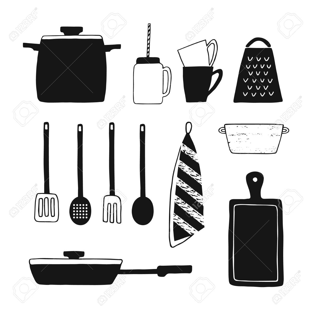 調理器具は ベクトルのセットを分離しました 手描きの台所用品のアイコン 料理道具 調理器具 食器 陶器コレクション黒と白 白の背景にベクトル フラット図 のイラスト素材 ベクタ Image