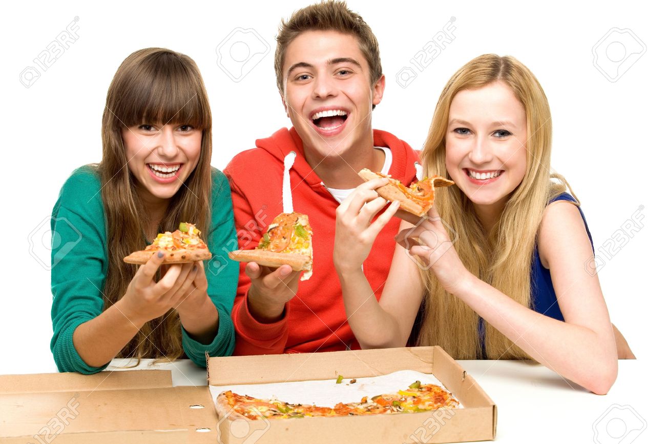 Three Friends Eating Pizza Stock Photo, Picture and Royalty Free Image.  Image 10735477.