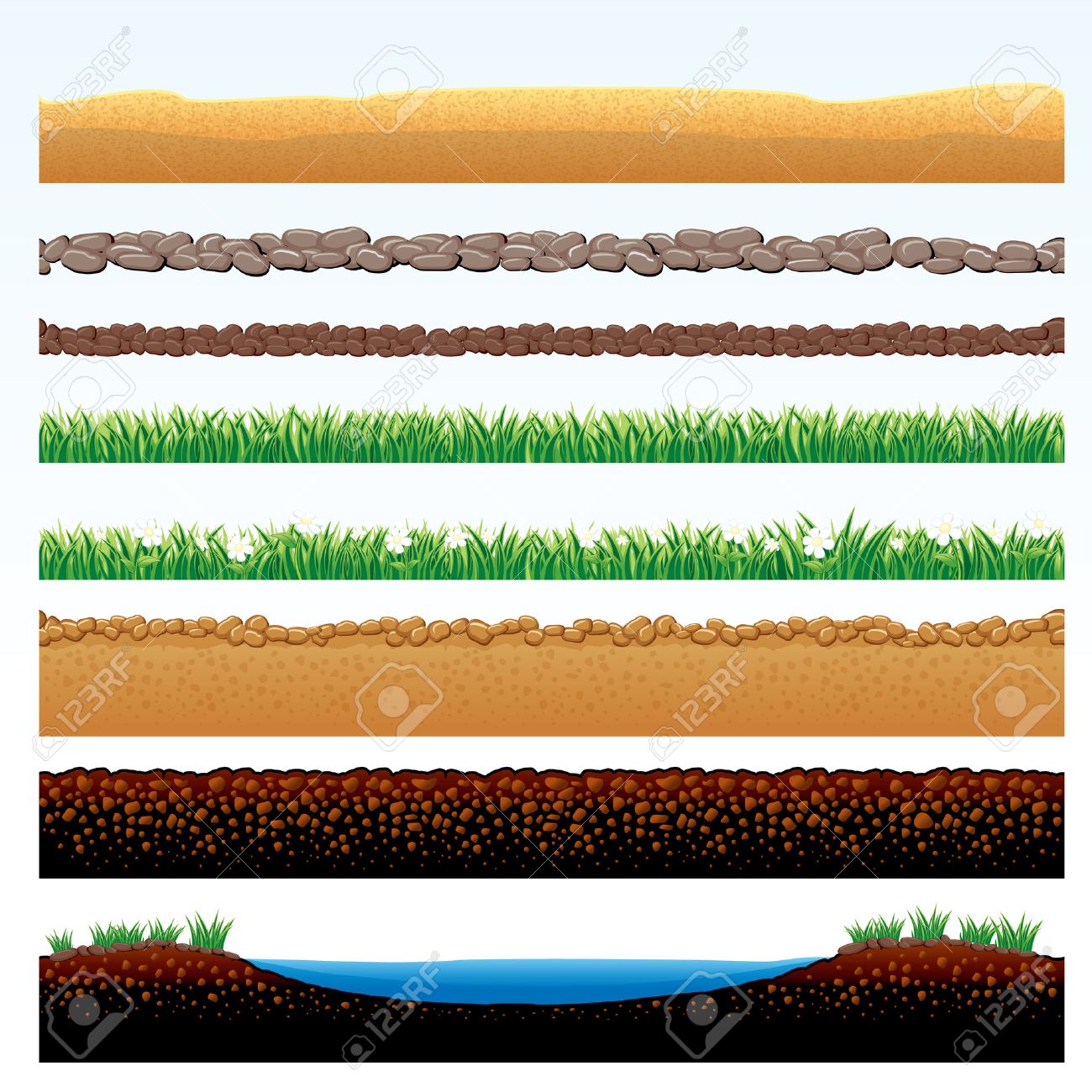 自然の草と土の境界セット 草原 石造りの道路 砂漠の砂 石畳の道 の漫画イラスト オブジェクトのグループ化 のイラスト素材 ベクタ Image