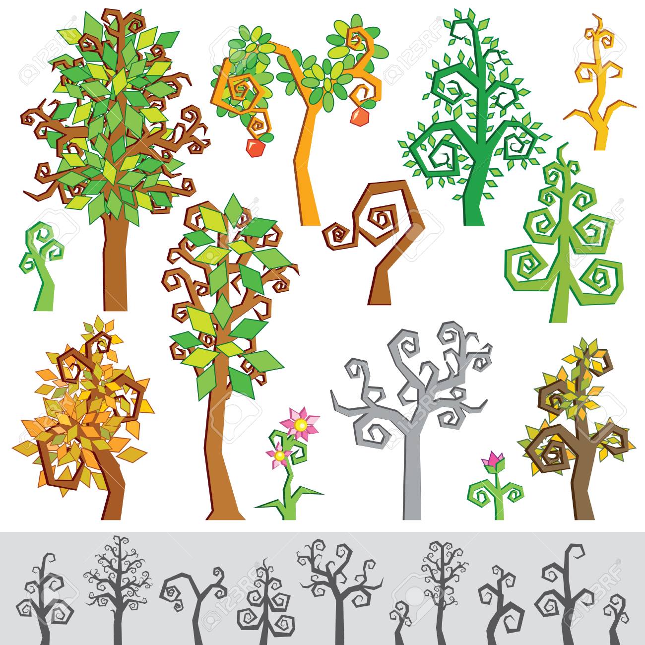 Arbre De Dessin Anime Original Fleur Plante Kit De Foret Magique Lumineux Et Colore Creez Votre Propre Foret De Reve Coloree Avec Ce Pack De Vecteur Clip Art Libres De Droits