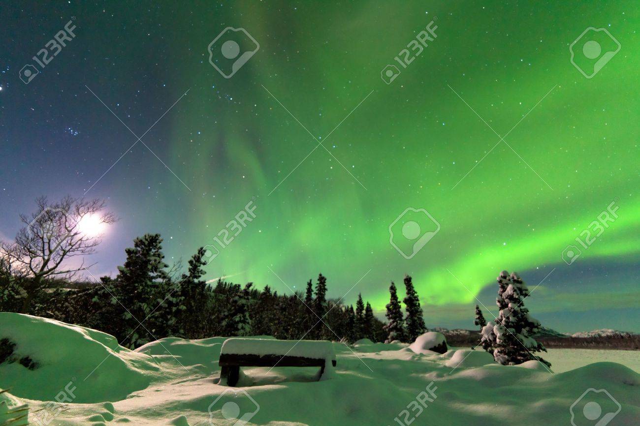 spectacular display of intense northern lights or aurora borealis green swirls