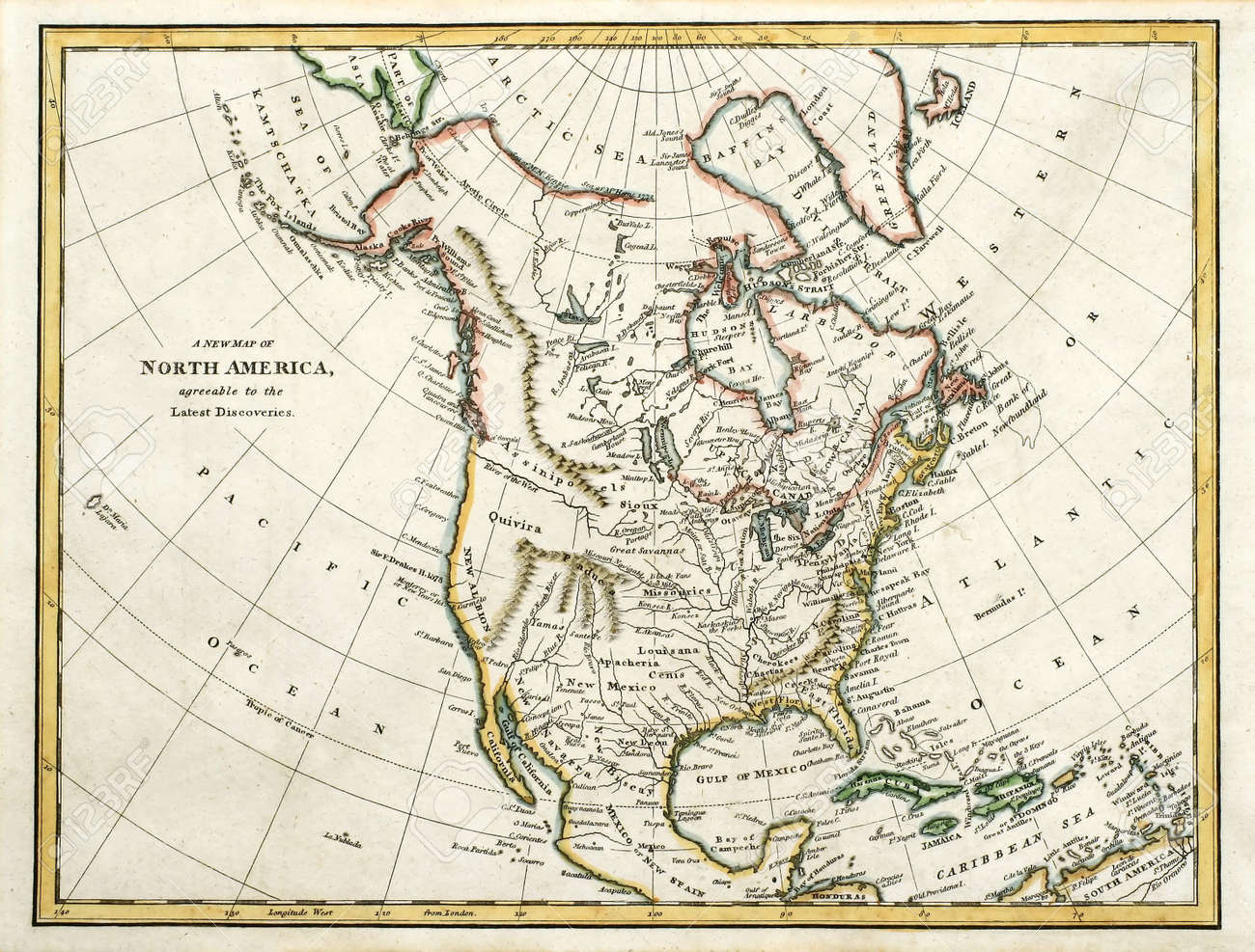 early colored map of north america printed in england and dated north america map color