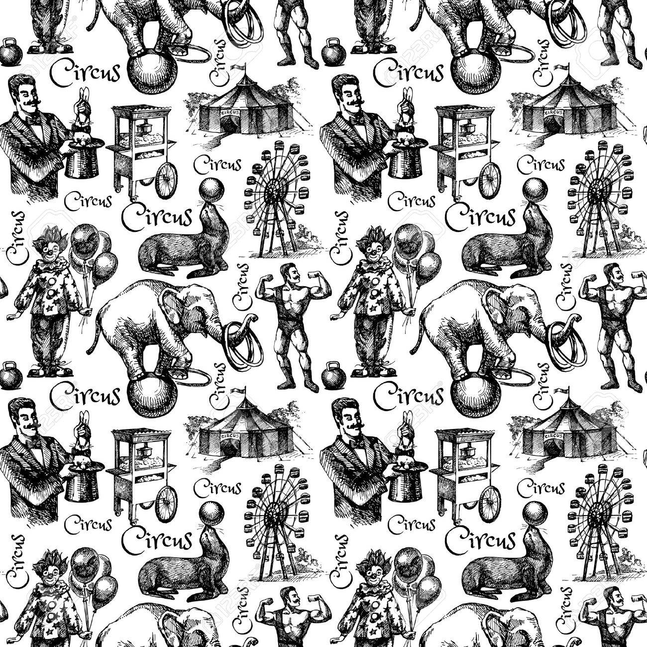 手描きのスケッチ サーカス 遊園地はベクトル イラストです ビンテージのシームレスなパターン 黒と白のイラスト素材 ベクタ Image 40912817