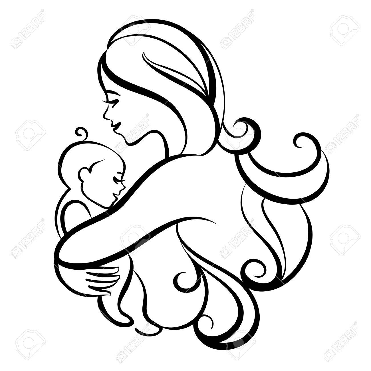 Beautiful Mother Silhouette With Baby. Liner Vector Illustration On White  Background. Mother Day Card Royalty Free SVG, Cliparts, Vectors, and Stock  Illustration. Image 60554026., image size:1300x1300