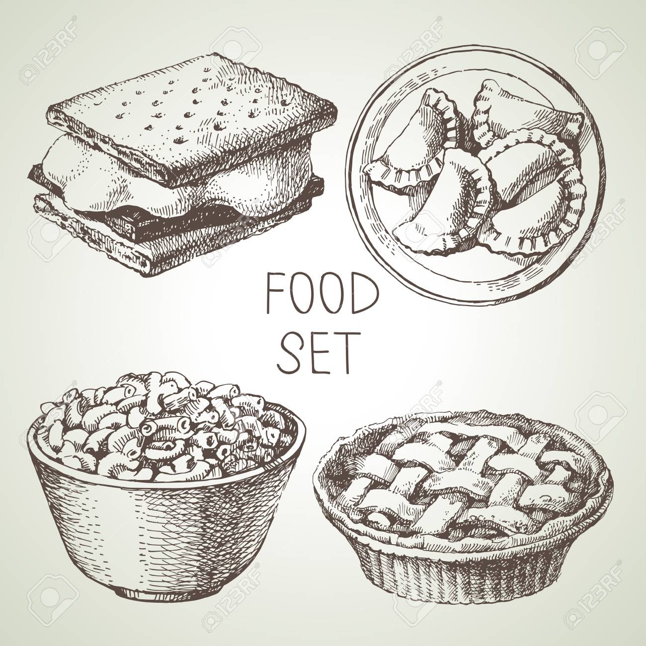 アップルパイデザート スモアウエハークラッカー マカロニとチーズ 自家製ピエロギ餃子の手描きの食品スケッチセット ベクトル黒と白のヴィンテージイラスト のイラスト素材 ベクタ Image