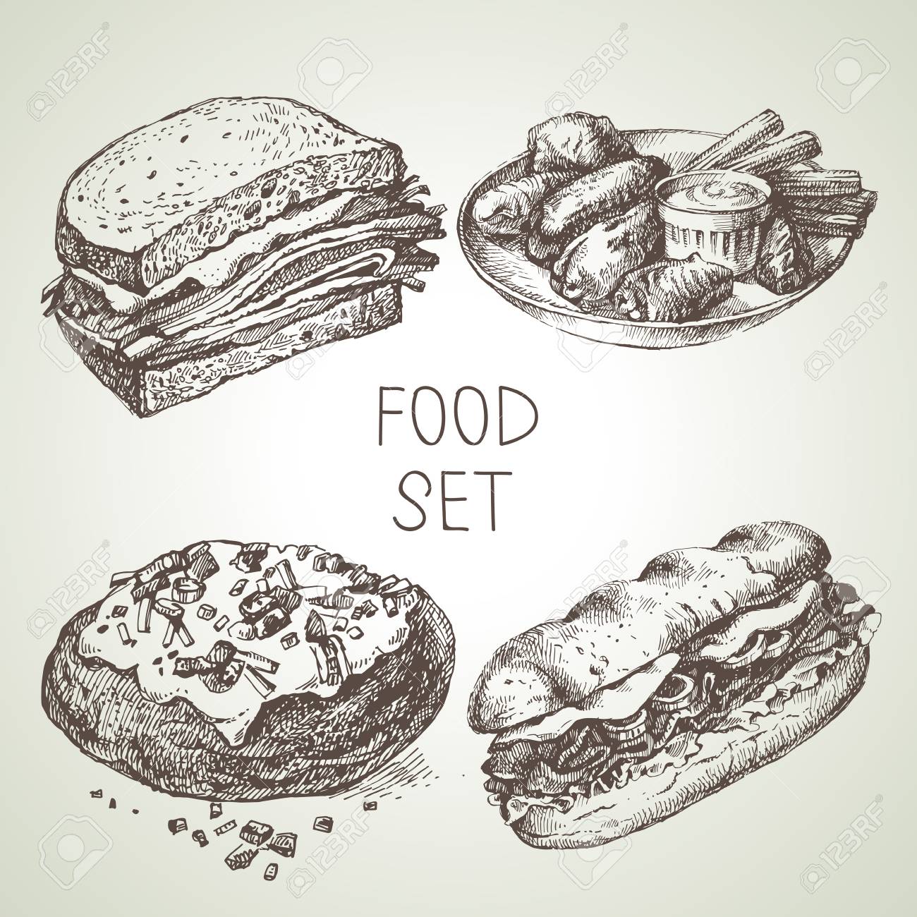 Hand drawn food sketch set of steak sub sandwich, buffalo chicken wings, backed potato, beef sandwich. Vector black and white vintage illustrations - 92872684 Hand drawn food sketch set of steak sub sandwich, buffalo chicken wings, backed potato, beef sandwich. Vector black and white vintage illustrations - 92872684