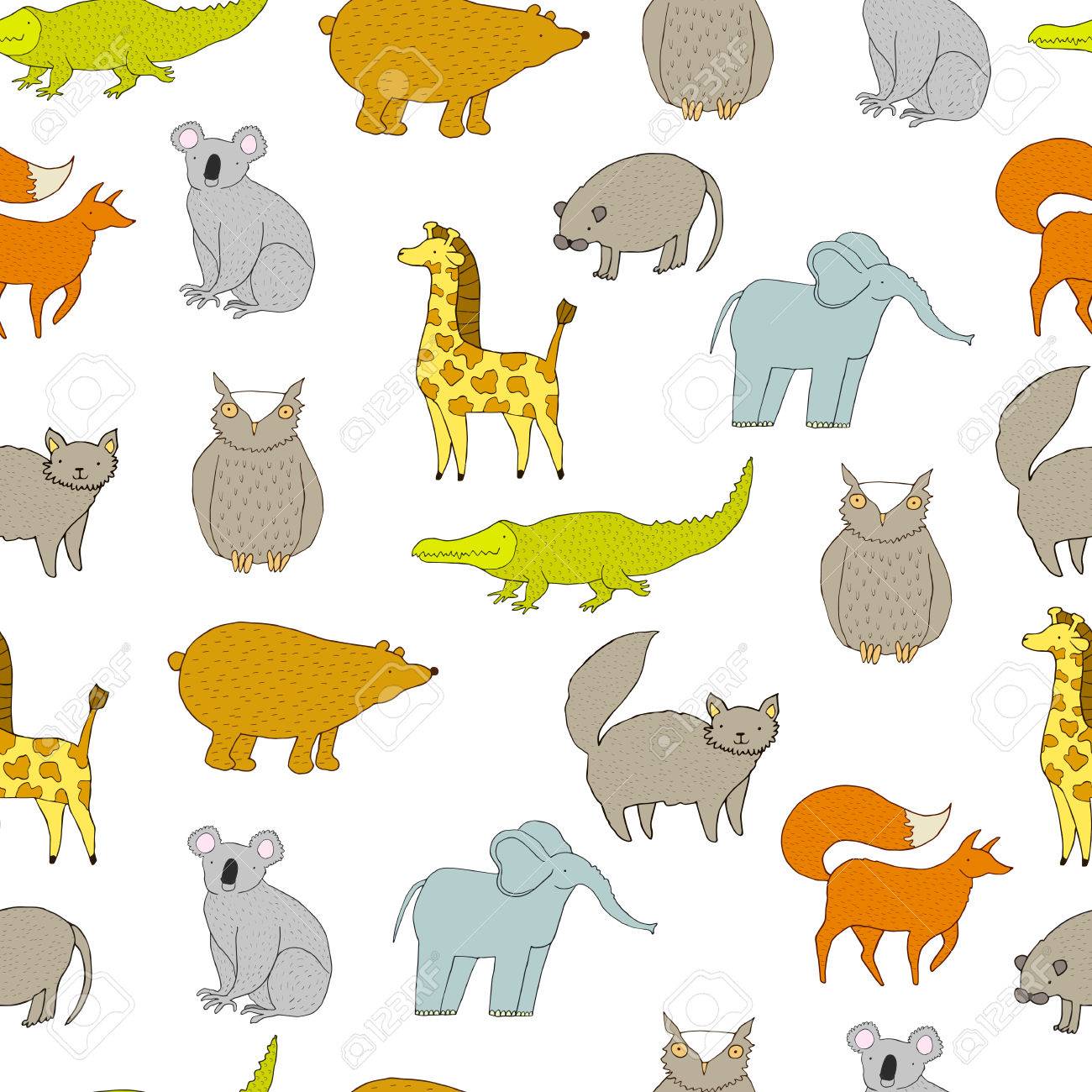 Motif Mignon De Bebe Avec Des Animaux De Bande Dessinee Vector Seamless Pattern Illustratration Handdrawn Ours Crocodile Le Renard La Girafe Hibou Elephant Chat Koala Banque D Images Et Photos Libres De Droits