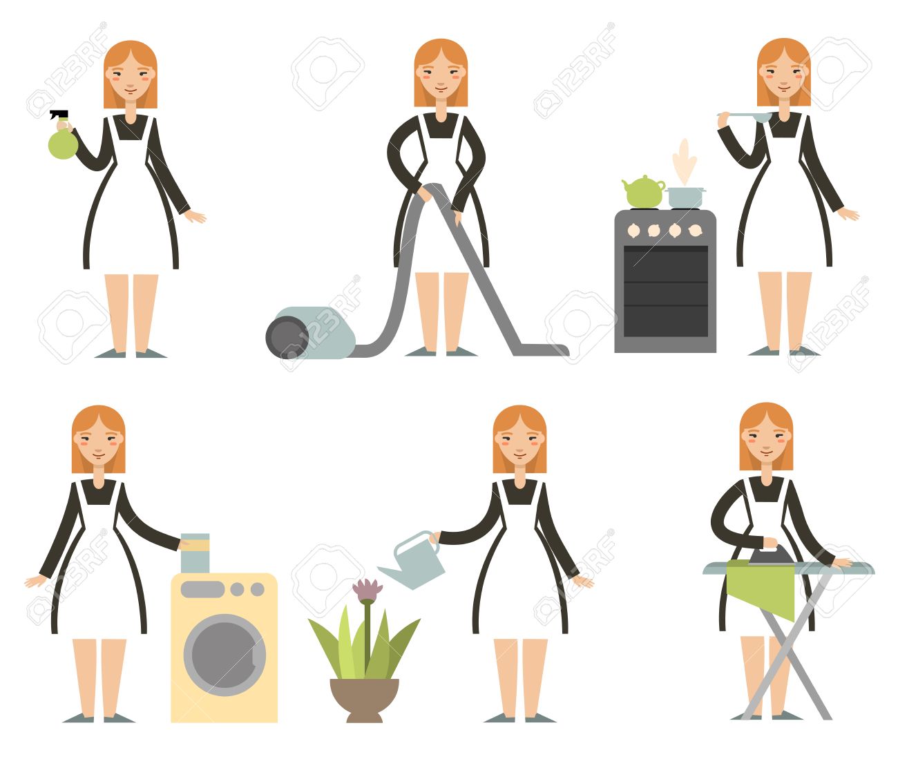 Housewife Regle Femme De Menage De Bande Dessinee Personnage De Dessin Anime Menagere Multitache Gouvernante Nettoyage Femme Cuisine Lavage Repassage Vecteur Clip Art Libres De Droits Vecteurs Et Illustration Image
