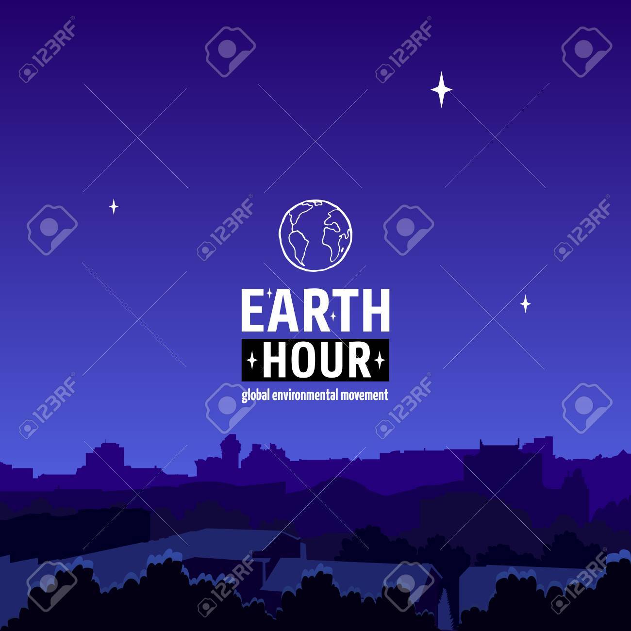 Illustration De Mouvement De Lheure De La Terre Bannière Carrée De La Vue De La Ville Sombre Et Ciel étoilé Sans Pollution De Ciel Ou De La Lumière