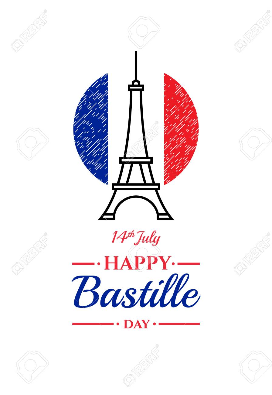 Bonne Fête De La Bastille, Le 14 Juillet. Fête Nationale Française, Élément De Design Approprié Pour Bannière Ou Poster. Illustration Abstraite Linéaire De La Tour Eiffel Avec Le Drapeau National De La