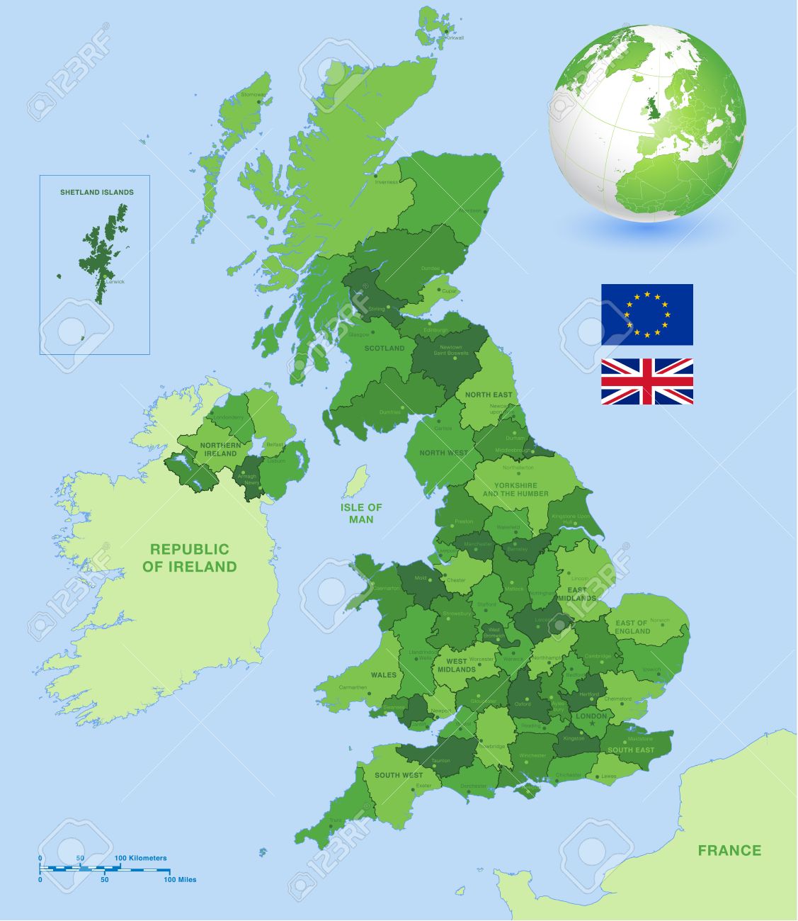a high detail vector map of united kingdom regions administrative regions and major cities and