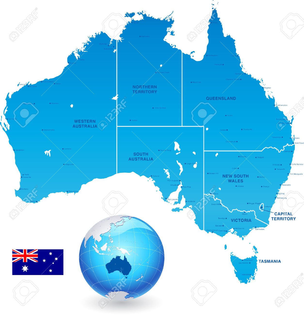 High Detail vector Map of Australia, with states and major cities, a 3D Gloge of the earth centered on Australia and The Australia Flag. - 43266404 High Detail vector Map of Australia, with states and major cities, a 3D Gloge of the earth centered on Australia and The Australia Flag. - 43266404
