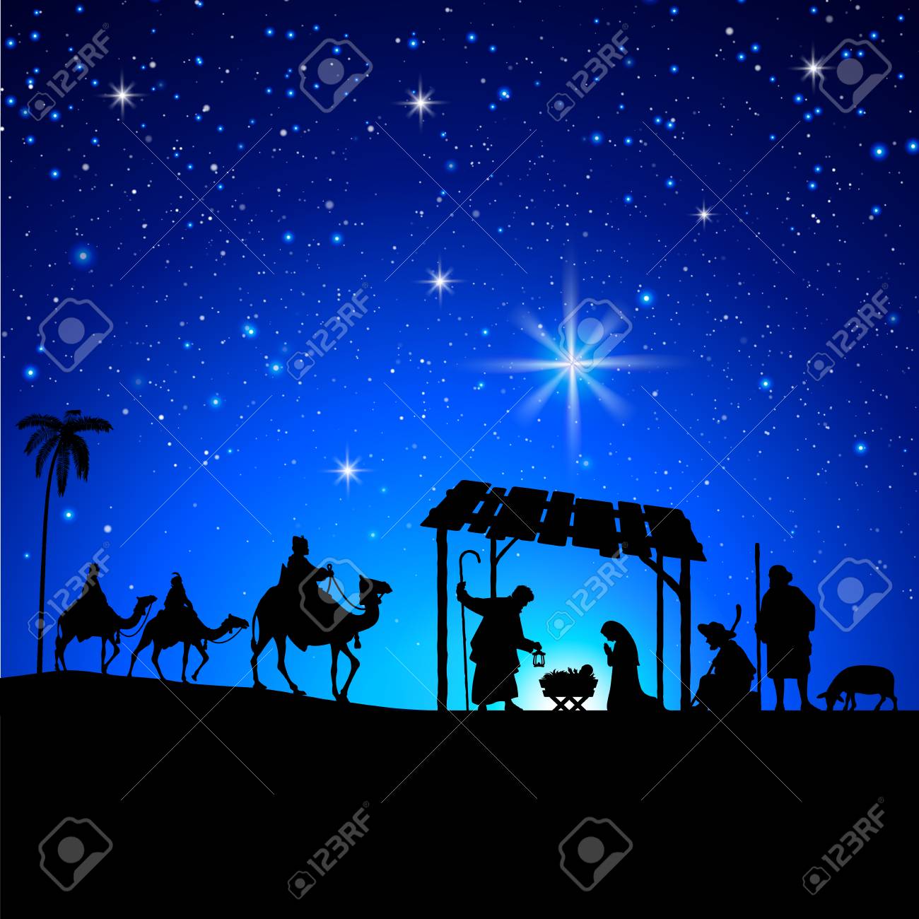 High detail Vector nativity Christmas Scene under a sky full of stars background - 85862383 High detail Vector nativity Christmas Scene under a sky full of stars background - 85862383