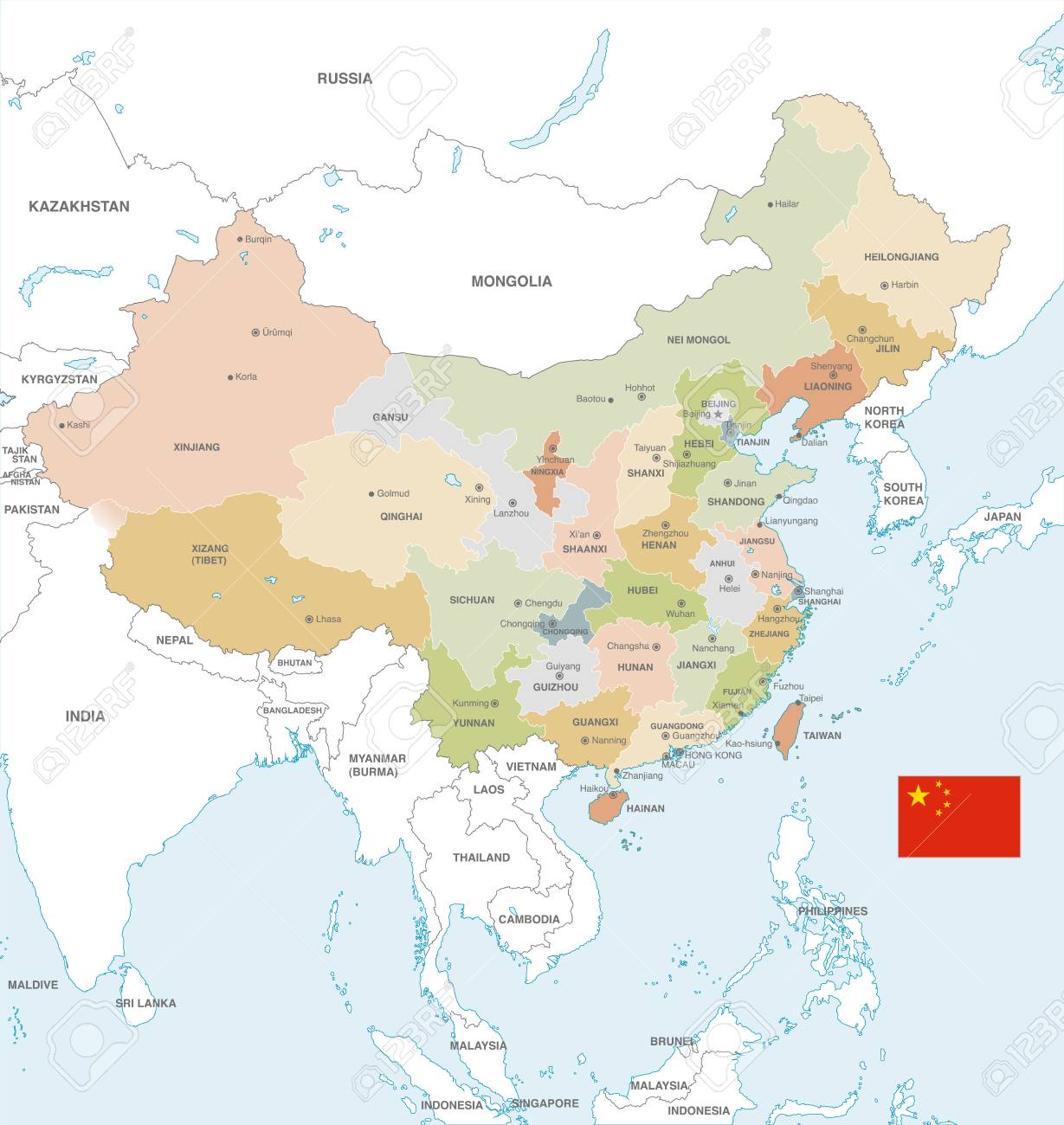 Vector Map Of China With Administrative Borders, City And Region Names And  International Bordering Countries In Soft Colors Palette. Royalty Free SVG,  Cliparts, Vectors, and Stock Illustration. Image 111589811., image size:1229x1300
