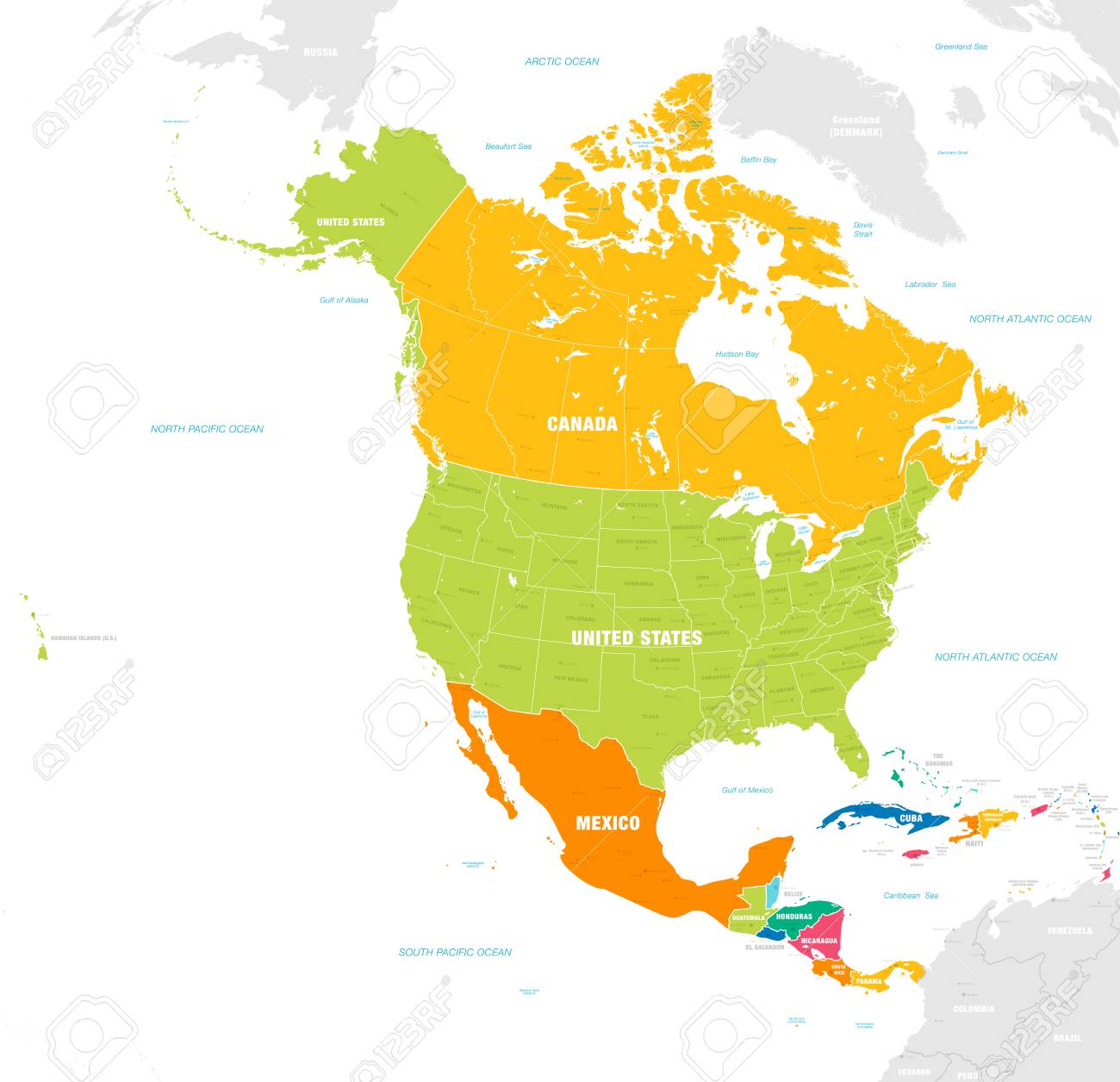 Vector map of North and Central America Continent with Countries, Capitals, Main Cities and Seas and islands names in strong brilliant colors. - 110616436 Vector map of North and Central America Continent with Countries, Capitals, Main Cities and Seas and islands names in strong brilliant colors. - 110616436