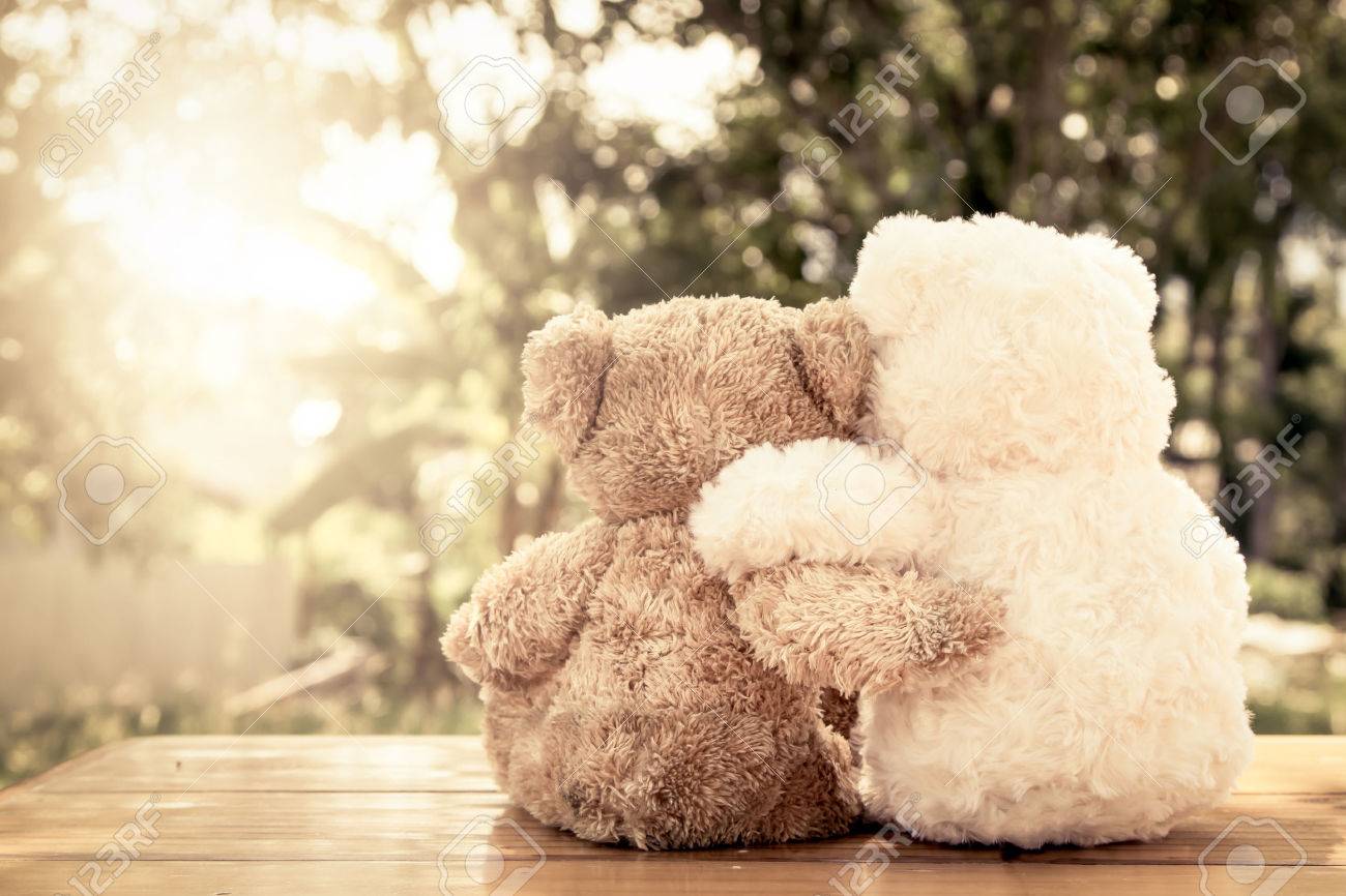 couple teddy bears in love s embrace sitting on wooden table stock