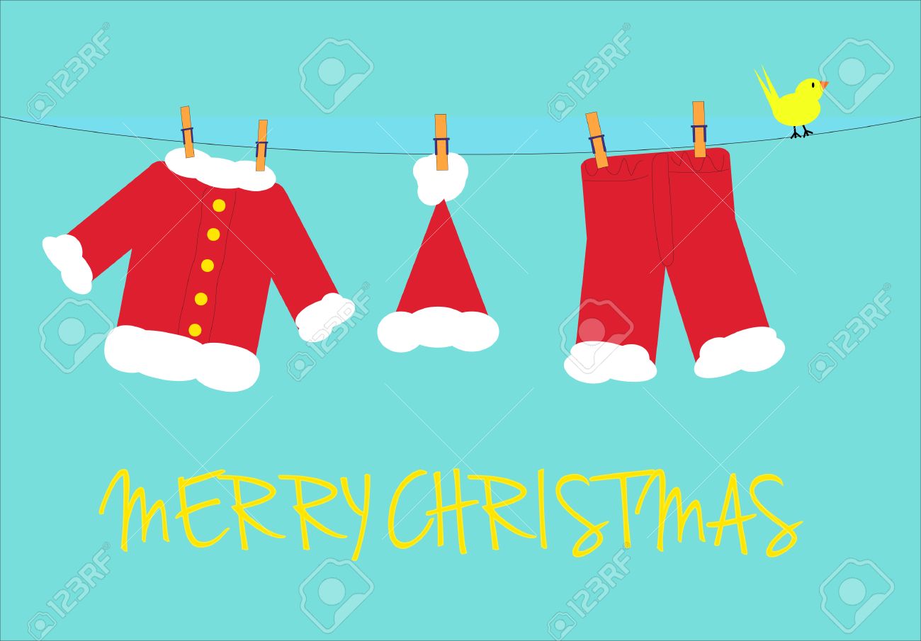 santa claus clothes and yellow bird on a clothesline with a