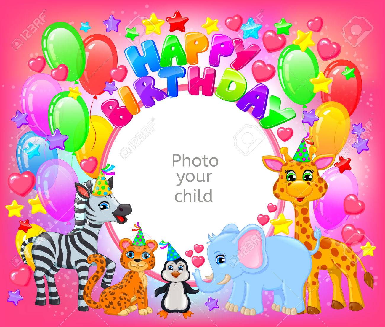 誕生日パーティーかわいい動物ピンクは 赤ちゃんの写真をフレームします 水平方向のイラスト素材 ベクタ Image