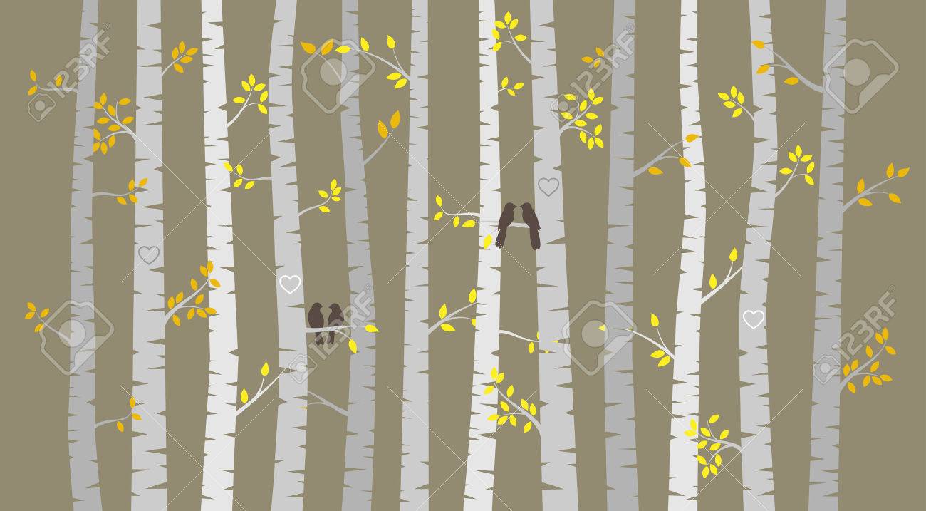 Vector Birch or Aspen Trees with Autumn Leaves and Love Birds - 31787401 Vector Birch or Aspen Trees with Autumn Leaves and Love Birds - 31787401